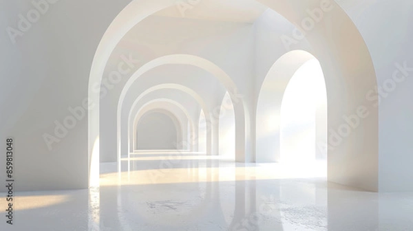 Obraz The image is a white room with a long hallway with arched ceilings. The room is empty and the light is shining through the windows, creating a bright and airy atmosphere