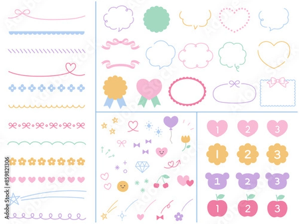 Fototapeta ガーリーな飾りイラストのベクターイラストセット　フレーム　ハート　花　吹き出し　数字　リボン