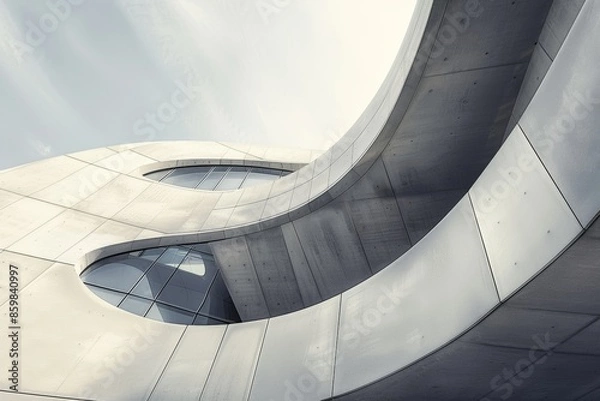Fototapeta Modern architectural marvel with curvilinear shapes, showcasing a futuristic and sleek design of a building with embedded windows.

