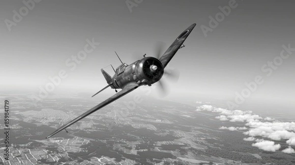 Fototapeta Japanese WWII dive bomber flying in clear skies, historical aviation, vintage blackandwhite, high altitude, detailed textures, 3D render