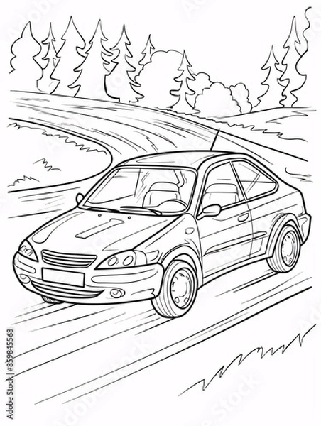 Fototapeta An easy outline of a car driving on a road, designed for children's coloring activities.
