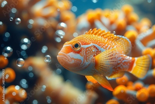 Fototapeta Close-up underwater shot of fish and rising bubbles, creating a dynamic and refreshing scene, suitable for aquatic designs.