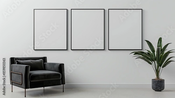 Fototapeta Three square frames on a white wall in a minimalist living room with a dark gray velvet armchair and a small potted plant.