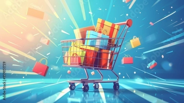 Fototapeta Vector illustration of a shopping cart loaded with products on a background with light lines, ideal for Black Friday online sales