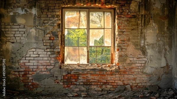 Fototapeta Aged brick wall with destroyed concrete interior backdrop and broken texture in soft window light