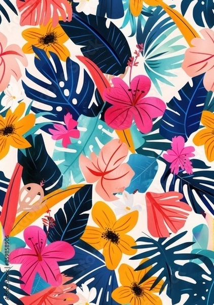 Obraz Whimsical Tropical Plants and Flowers: Realistic Flat Illustration Seamless Pattern with Clear Strokes in Vibrant Spring Colors