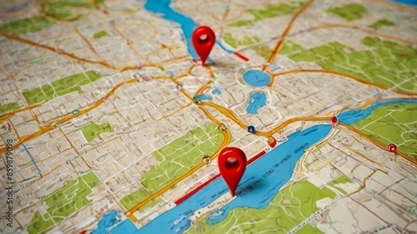 Fototapeta Digital GPS location on map with pin route path concept. AI generated image