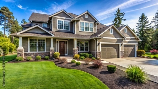 Fototapeta A newly constructed suburban home with a well-manicured lawn and a paved driveway stands alone awaiting final inspection approval.