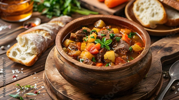 Fototapeta Rustic Wooden Table with Hearty Beef Stew and Fresh Bread