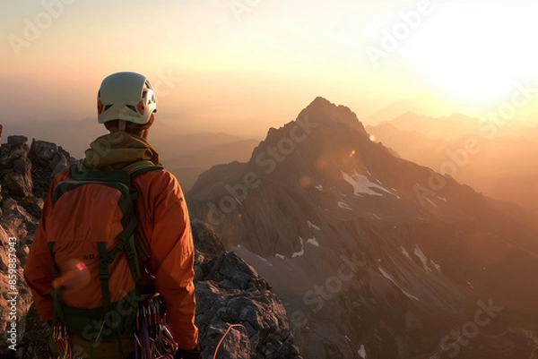 Fototapeta Triumphant Hiker Standing on Mountain Summit at Sunrise, Gazing into the Horizon