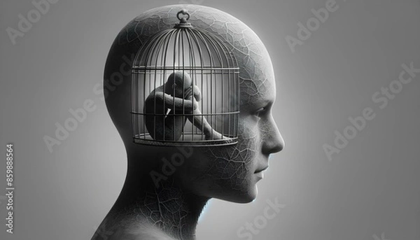 Fototapeta A person with their head as a cage, containing a smaller figure curled up inside. The expression on the face is somber, symbol
