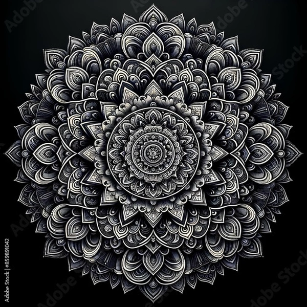 Fototapeta A detailed mandala design against a black background. The intricate patterns and symmetrical shapes create a visually stunning and complex image