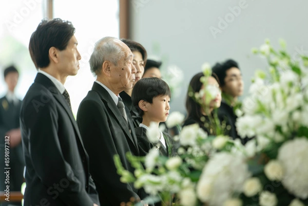 Fototapeta お葬式に喪服で参列する家族、親族　Generative AI