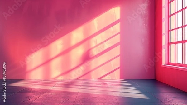 Fototapeta Minimalist pink room with sunlight streaming through a window.