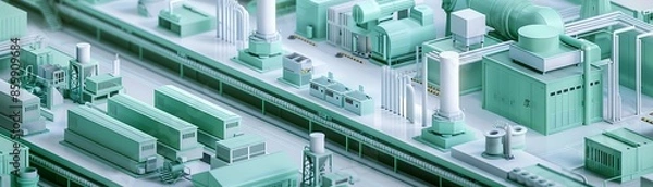 Fototapeta green manufacturing flat design side view factory line render colored pastel