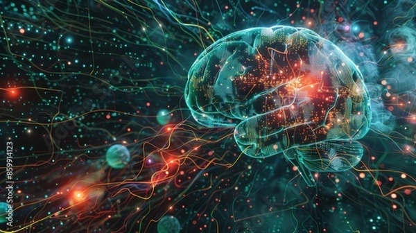 Fototapeta A vibrant digital rendering of a brain with neural connections illuminated in various colors, symbolizing the complexity and interconnectivity of neural networks.
