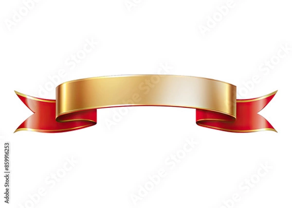 Fototapeta A curved red and gold ribbon banner with a blank space for text, isolated on a white background. Generative AI
