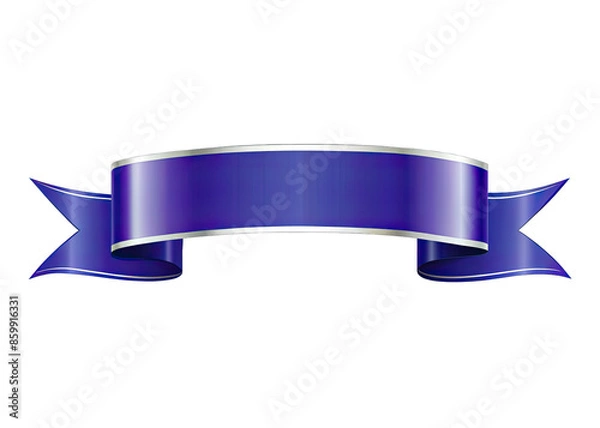 Fototapeta A blue ribbon banner with a silver trim is isolated on a white background. The banner is curved and has a blank space in the center for text. Generative AI