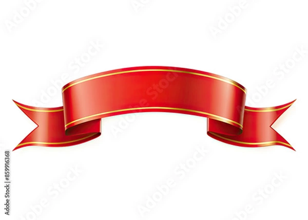 Fototapeta A red ribbon banner with gold trim, isolated on a white background. The banner is curved and has a slight sheen. Generative AI