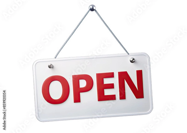 Fototapeta A white sign with the word OPEN in red lettering is hanging from a silver chain against a white background. Generative AI