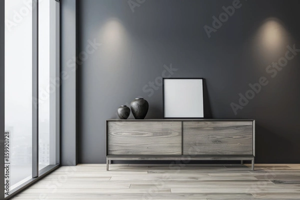Fototapeta Stylish Living room composition in grey neutral tones with minimal furniture and natural window lighting. Residential Real Estate mockup composition for advertising.