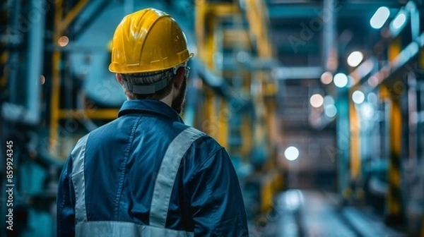 Fototapeta Industrial Worker in Safety Gear Inside Factory