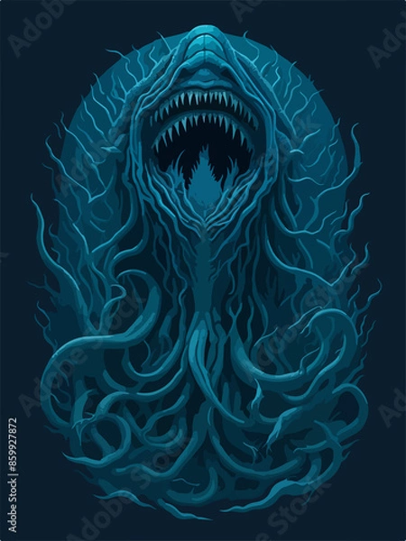Fototapeta A menacing Leviathan logo, depicting a cosmic horror sea serpent emerging from dark waters, exudes an aura of otherworldly terror, perfect for an SPC emblem.