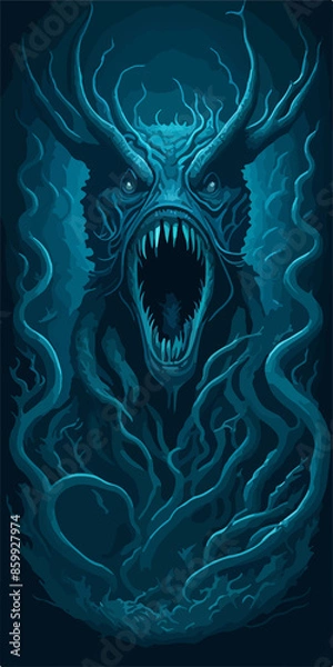 Fototapeta A menacing Leviathan logo, depicting a cosmic horror sea serpent emerging from dark waters, exudes an aura of otherworldly terror, perfect for an SPC emblem.
