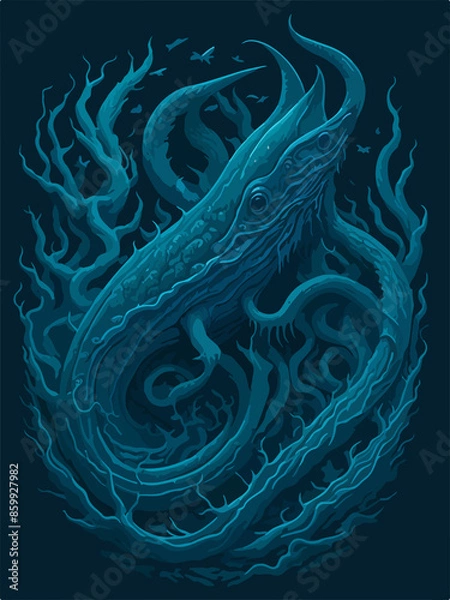 Fototapeta A menacing Leviathan logo, depicting a cosmic horror sea serpent emerging from dark waters, exudes an aura of otherworldly terror, perfect for an SPC emblem.