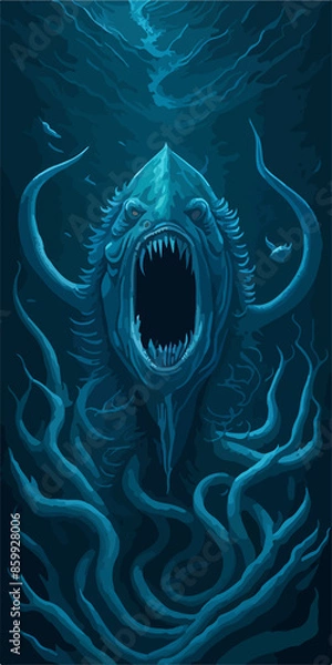 Fototapeta A menacing Leviathan logo, depicting a cosmic horror sea serpent emerging from dark waters, exudes an aura of otherworldly terror, perfect for an SPC emblem.