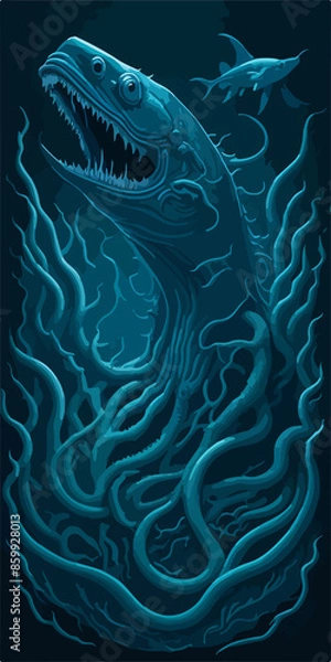 Fototapeta A menacing Leviathan logo, depicting a cosmic horror sea serpent emerging from dark waters, exudes an aura of otherworldly terror, perfect for an SPC emblem.