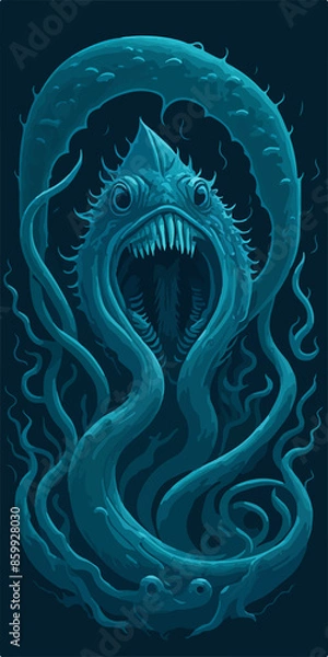 Fototapeta A menacing Leviathan logo, depicting a cosmic horror sea serpent emerging from dark waters, exudes an aura of otherworldly terror, perfect for an SPC emblem.