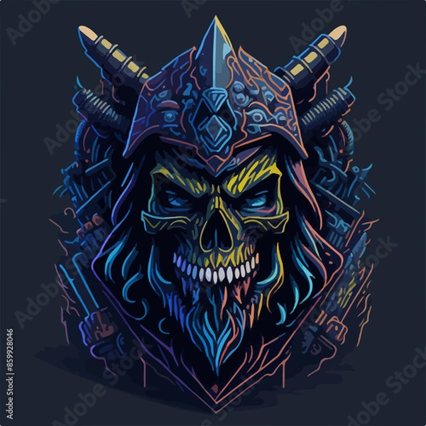 Fototapeta An immortal demon warlord, cloaked in dark armor, wields a fiery blade, commanding an army of fierce warriors with an aura of relentless power and evil.