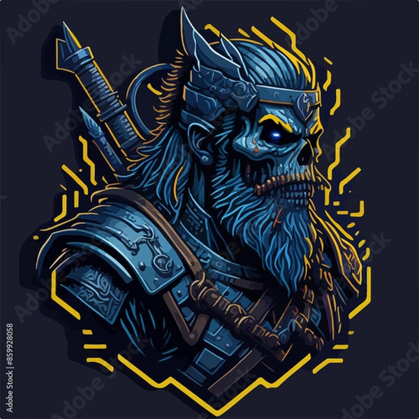 Fototapeta An immortal demon warlord, cloaked in dark armor, wields a fiery blade, commanding an army of fierce warriors with an aura of relentless power and evil.