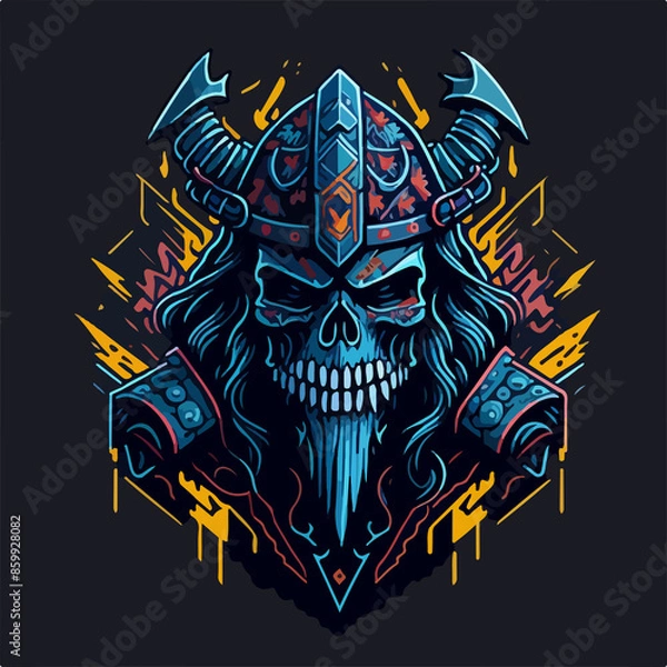 Fototapeta An immortal demon warlord, cloaked in dark armor, wields a fiery blade, commanding an army of fierce warriors with an aura of relentless power and evil.