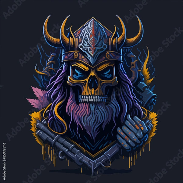 Fototapeta An immortal demon warlord, cloaked in dark armor, wields a fiery blade, commanding an army of fierce warriors with an aura of relentless power and evil.