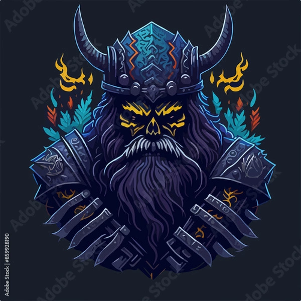 Fototapeta An immortal demon warlord, cloaked in dark armor, wields a fiery blade, commanding an army of fierce warriors with an aura of relentless power and evil.