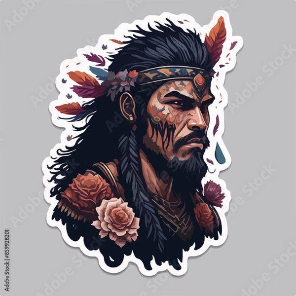 Fototapeta A fierce Aztec warrior logo, showcasing a tribal warrior adorned with traditional armor and feathers, radiates strength and cultural pride, perfect for a powerful avatar.