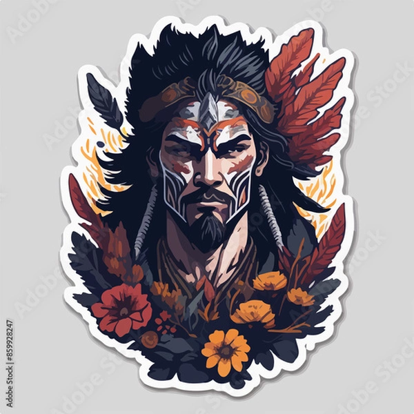 Fototapeta A fierce Aztec warrior logo, showcasing a tribal warrior adorned with traditional armor and feathers, radiates strength and cultural pride, perfect for a powerful avatar.