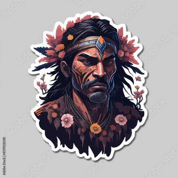 Fototapeta A fierce Aztec warrior logo, showcasing a tribal warrior adorned with traditional armor and feathers, radiates strength and cultural pride, perfect for a powerful avatar.