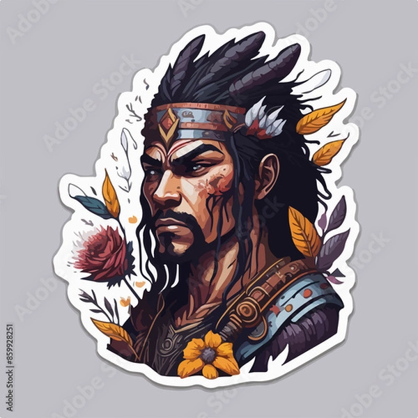 Fototapeta A fierce Aztec warrior logo, showcasing a tribal warrior adorned with traditional armor and feathers, radiates strength and cultural pride, perfect for a powerful avatar.