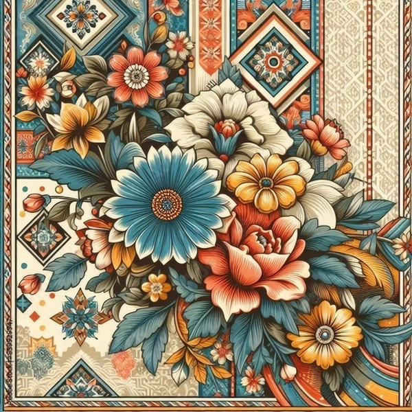 Fototapeta Charming Retro Style Floral and Geometric Lines Background