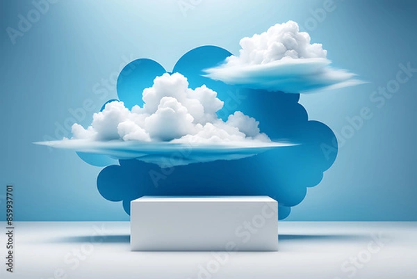 Obraz  Cloud background podium blue 3d product sky white display platform render abstract stage pastel scene. Podium stand light minimal cloud background studio dreamy pedestal backdrop png smoke geometric.