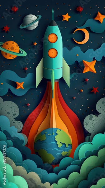 Fototapeta Paper Cut Style Rocket and Moon