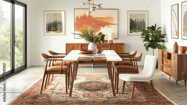 Fototapeta Modern dining room with wooden table and chairs, white rug, and a large window overlooking a backyard.