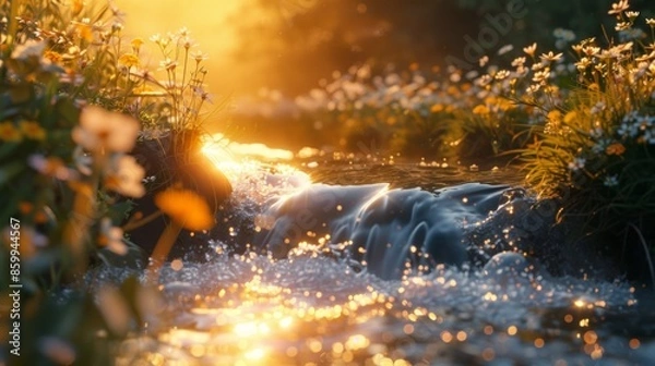 Fototapeta Golden Sunrise Over a Sparkling Stream with Wildflowers