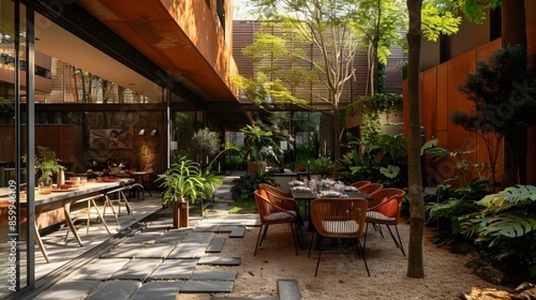 Fototapeta A modern outdoor dining area with stylish furniture set amidst lush greenery and contemporary architecture.