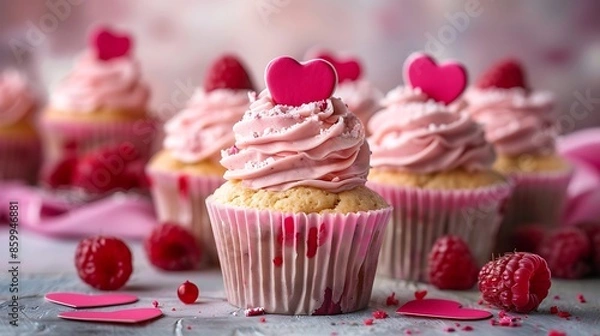 Fototapeta Freshly made raspberry cupcakes on kitchen counter delicious looking pink cupcakes with raspberry and paper heart topping