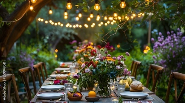 Fototapeta Lavish summer dinner party setup under a decorated pergola in a lush garden with beautifully arranged dining table, fairy lights and hanging lanterns.