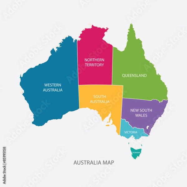 Fototapeta KOLOR MAPY AUSTRALII Z REGIONÓW Płaska konstrukcja wektor